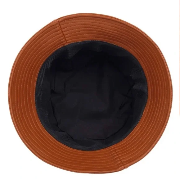 Solid PU Leather Brown Bucket Hat - Picture 2 of 3